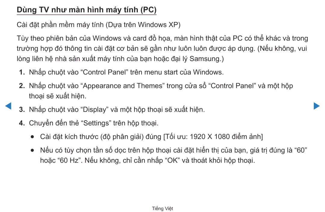 Samsung UA40D5500RRXXV manual Dù̀ng TV như màn hì̀nh máy tính PC, Nhâp chuôt vao Display vàmôt hôp thoai sẽ xuât hiên 