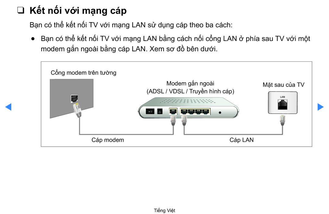 Samsung UA40D5500RRXXV manual Kết nối vớ́i mạ̣ng cáp, Modem găn ngoai băng cap LAN. Xem sơ đồ bên dướ́i 