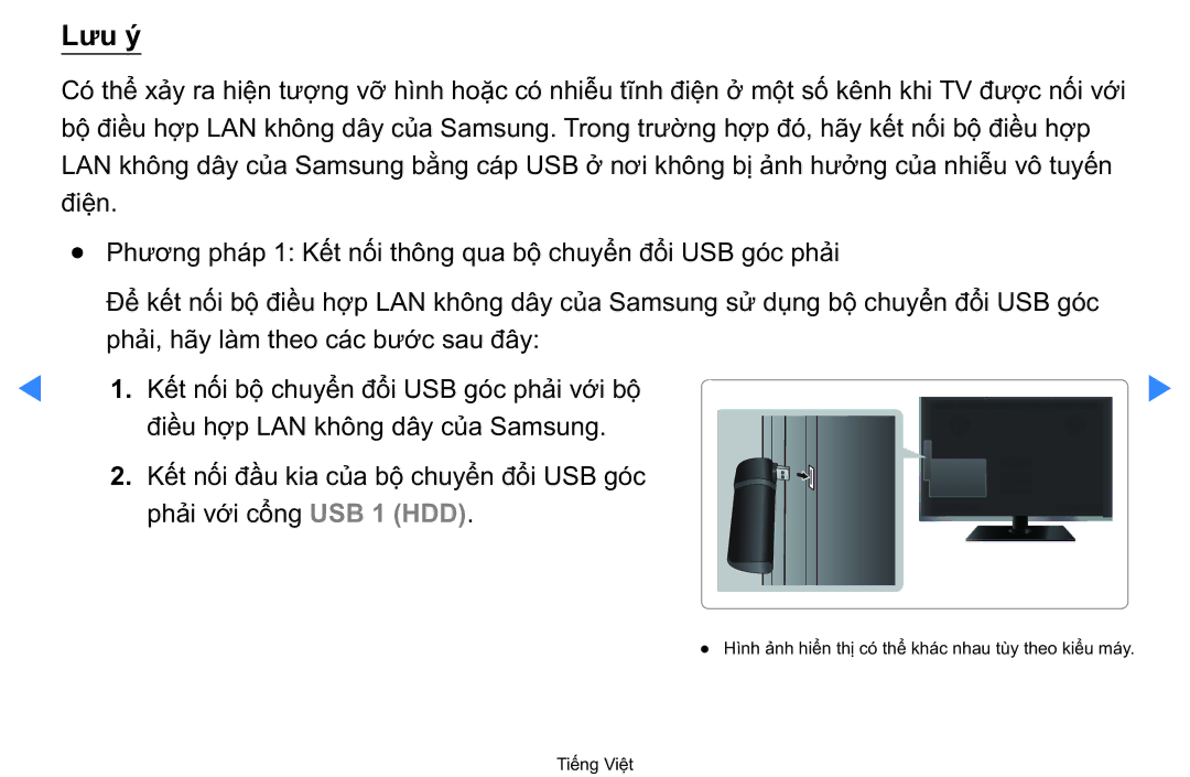 Samsung UA40D5500RRXXV manual Lưu y, Kết nối bộ chuyển đổi USB góc phải vớ́i bộ 