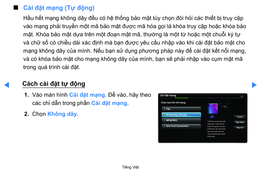 Samsung UA40D5500RRXXV manual Cài đặt mạ̣ng Tự độ̣ng, Chọn Không dây 