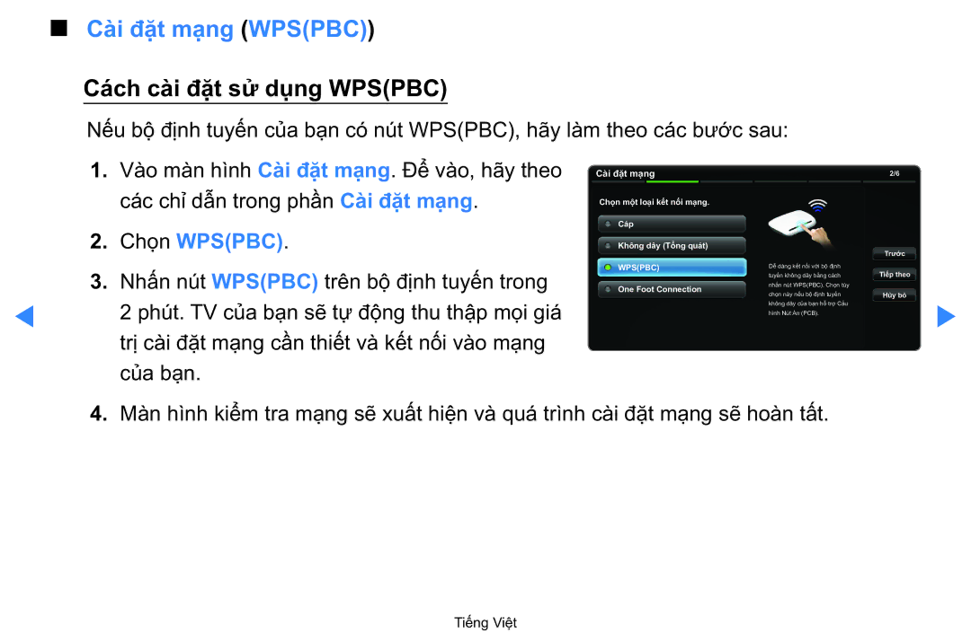 Samsung UA40D5500RRXXV manual Cài đặt mạng Wpspbc, Cách cài đặt sử dụng Wpspbc, Chon Wpspbc 