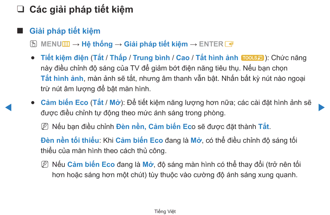 Samsung UA40D5500RRXXV manual Các giải pháp tiết kiệm, Giải pháp tiết kiệm 