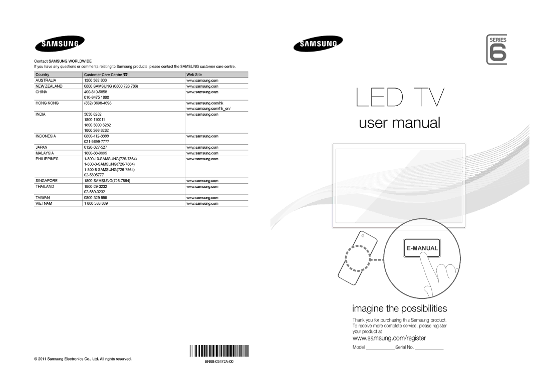 Samsung UA46D6000SMXSQ, UA40D6000SMXSQ manual Led Tv 