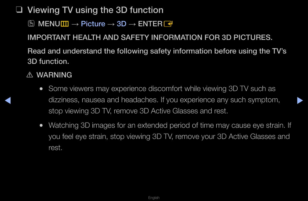 Samsung UA55D6400URCXA, UA40D6000SRSAS, UA40D6000SRXRQ, UA40D6600WNXHC, UA40D6600WNXUM Viewing TV using the 3D function, Rest 