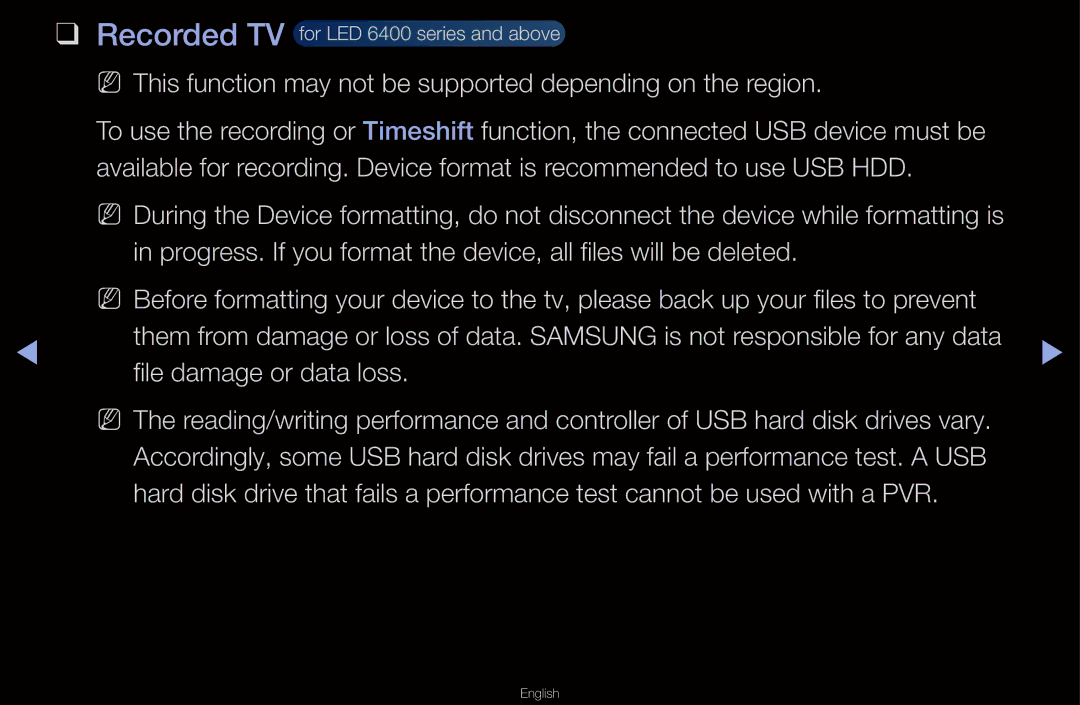 Samsung UA40D6400UMXSQ, UA40D6600WMSHD, UA40D6600WNXHC, UA40D6600WNXUM manual Recorded TV for LED 6400 series and above 