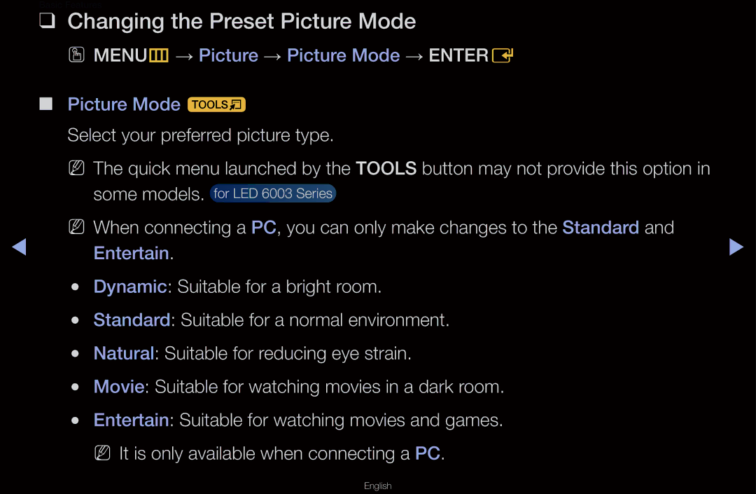 Samsung UA40D6000SNXUM, UA40D6600WMSHD, UA40D6600WNXHC, UA40D6600WNXUM, UA32D6000SNXZN manual Changing the Preset Picture Mode 