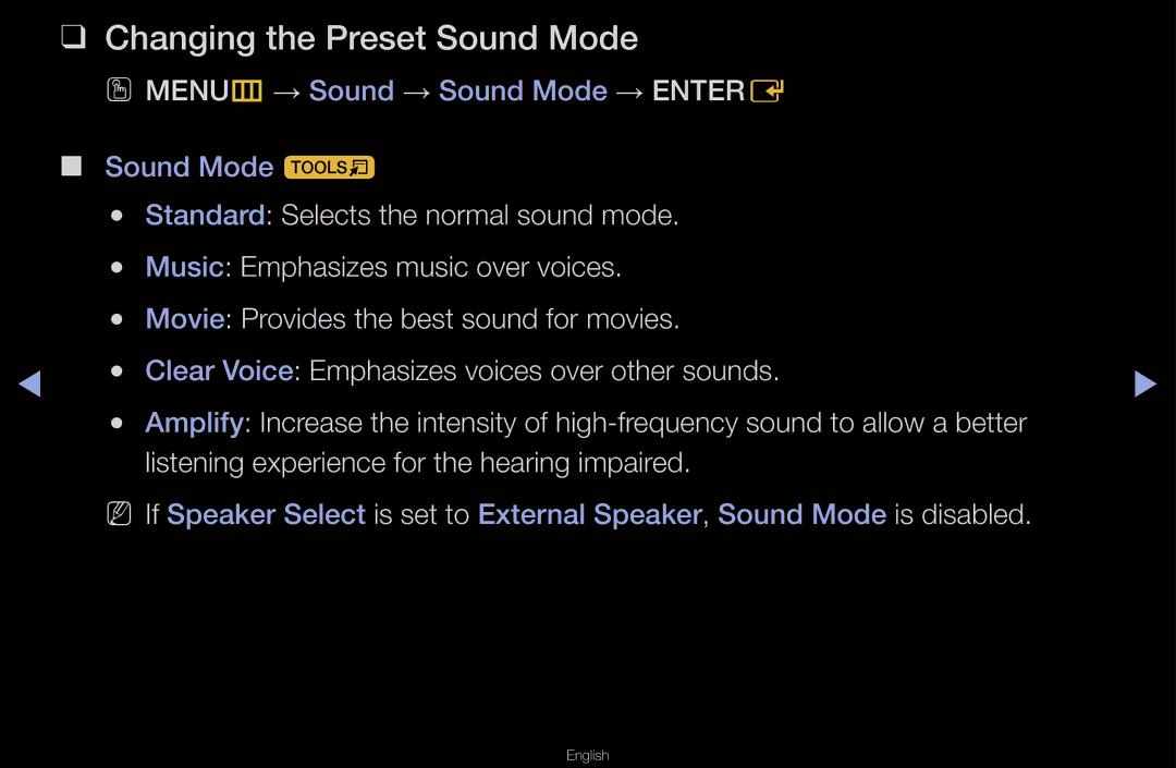 Samsung UA32D6000SNXXV, UA40D6600WMSHD, UA40D6600WNXHC, UA40D6600WNXUM, UA32D6000SNXZN manual Changing the Preset Sound Mode 