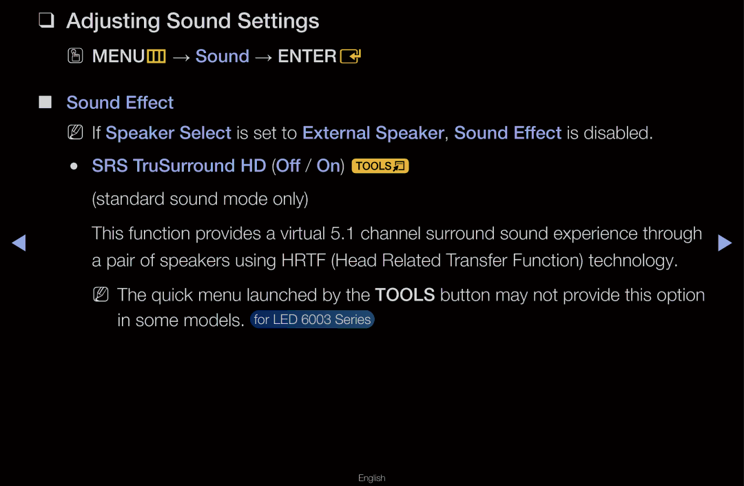 Samsung UA40D6000SNXXV, UA40D6600WMSHD manual Adjusting Sound Settings, OO MENUm → Sound → Entere, Standard sound mode only 