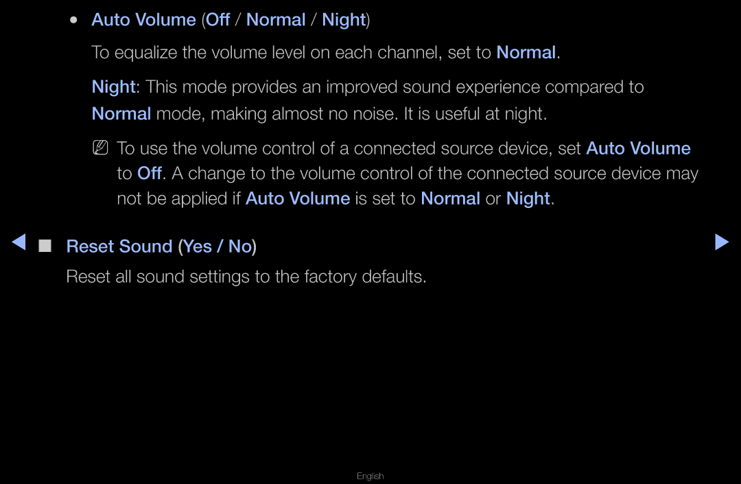 Samsung UA46D6000SMXSQ, UA40D6600WMSHD, UA40D6600WNXHC manual Not be applied if Auto Volume is set to Normal or Night 