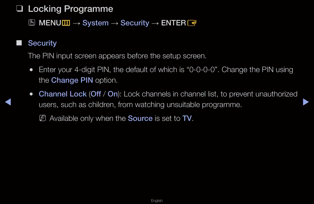 Samsung UA40D6000SMXSQ manual Locking Programme, PIN input screen appears before the setup screen, Change PIN option 