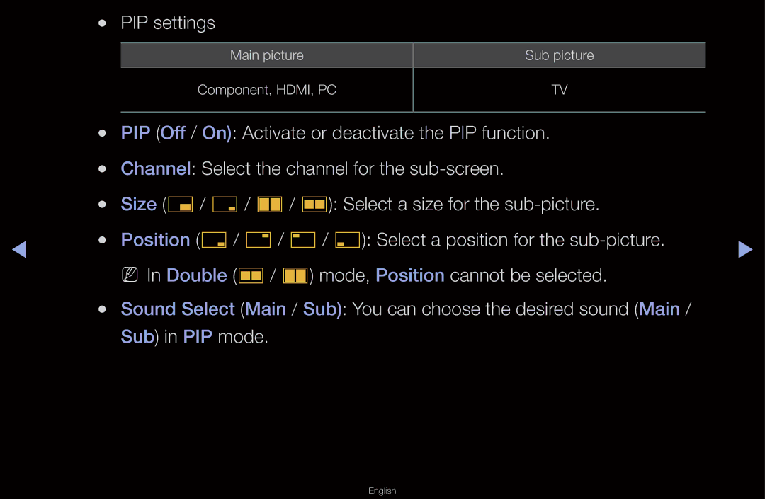 Samsung UA46D6600WMXSQ, UA40D6600WMSHD, UA40D6600WNXHC, UA40D6600WNXUM, UA55D6600WMXHC manual PIP settings, Sub in PIP mode 