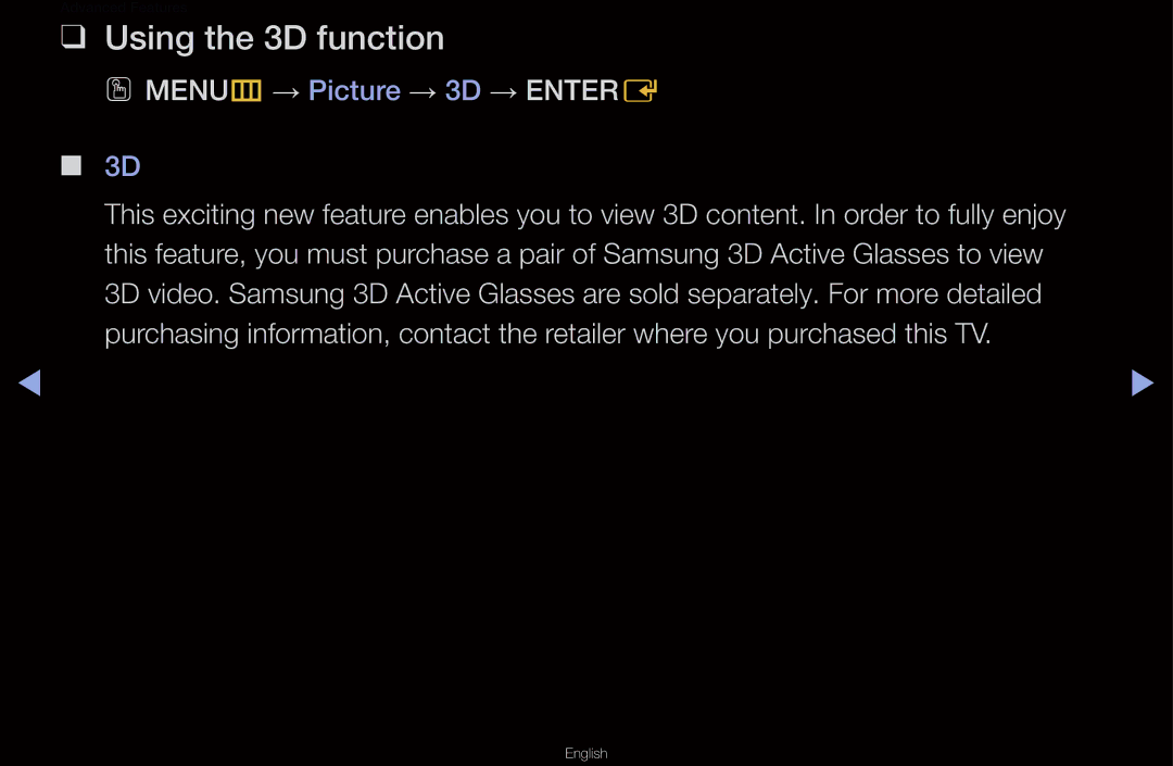 Samsung UA46D6000SMXHC, UA40D6600WMSHD, UA40D6600WNXHC manual Using the 3D function, OO MENUm → Picture → 3D → Entere 