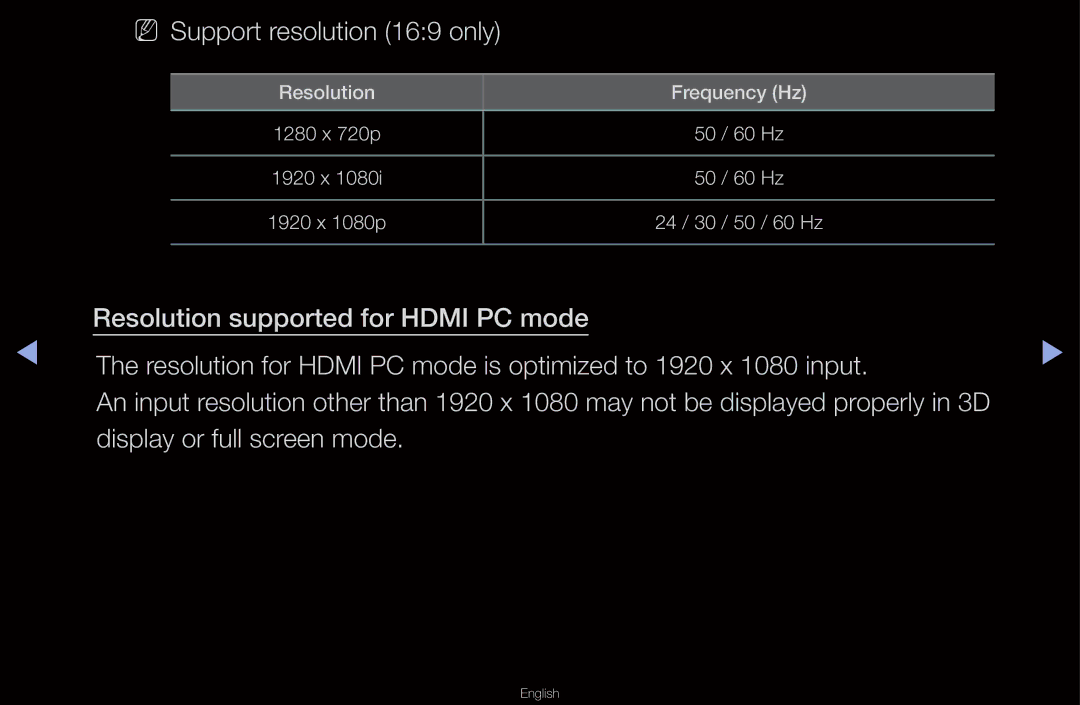 Samsung UA55D6600WMXHC, UA40D6600WMSHD, UA40D6600WNXHC, UA40D6600WNXUM, UA40D6400UMXHC manual NN Support resolution 169 only 