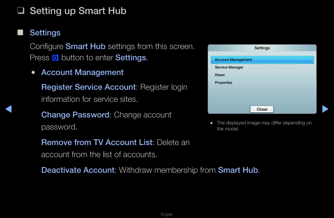 Samsung UA46D6400UMSHD, UA40D6600WMSHD manual Setting up Smart Hub, Deactivate Account Withdraw membership from Smart Hub 