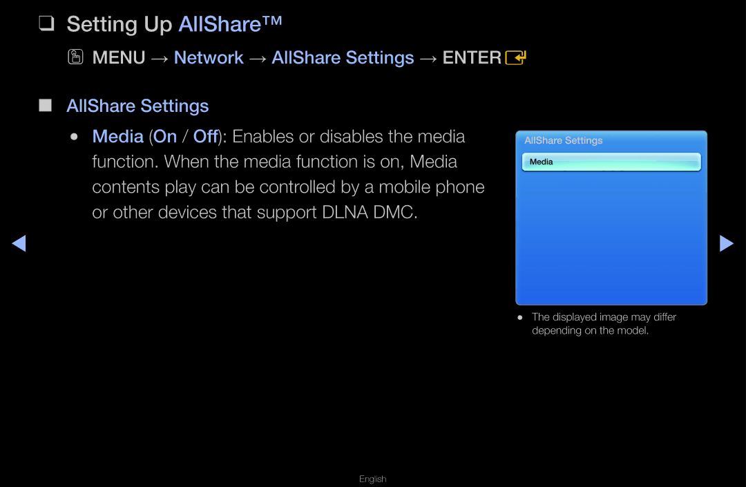 Samsung UA40D6400UMSHD, UA40D6600WMSHD, UA40D6600WNXHC Setting Up AllShare, OO Menu → Network → AllShare Settings → Entere 