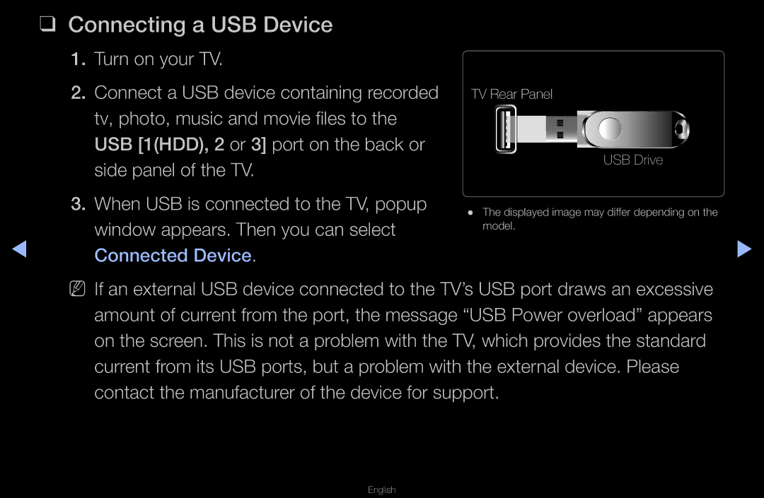 Samsung UA40D6600WNXUM, UA40D6600WMSHD, UA40D6600WNXHC, UA55D6600WMXHC, UA40D6400UMXHC, UA46D6400UMSHD Connecting a USB Device 