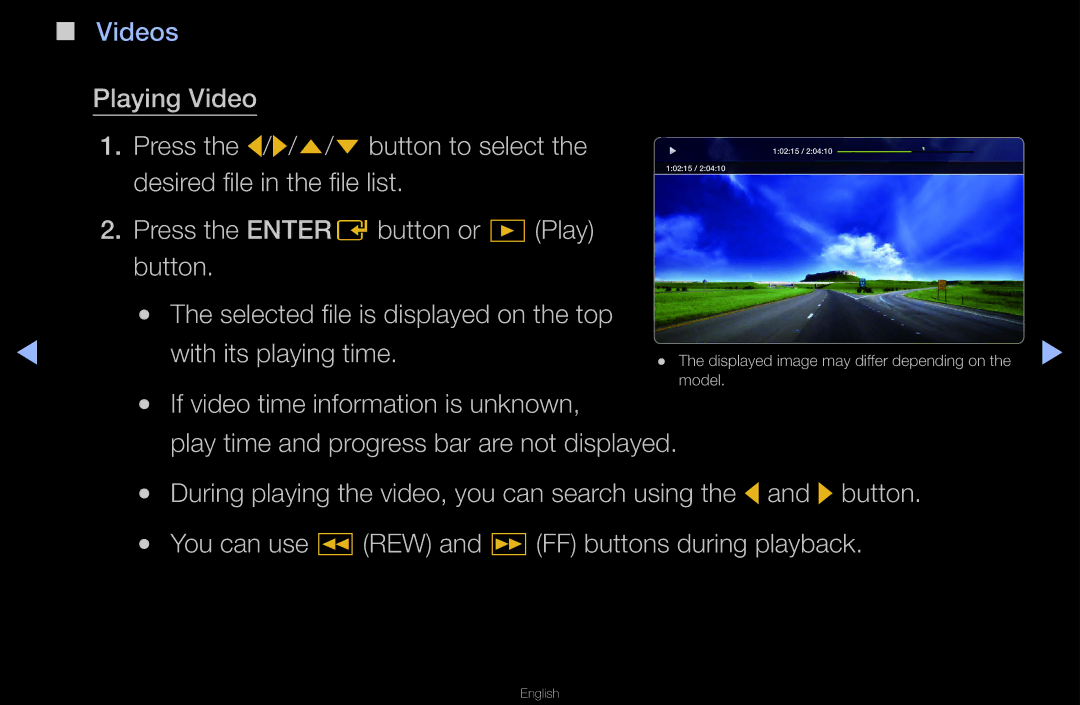 Samsung UA40D6600WNXUM, UA40D6600WMSHD Playing Video Press the l/ r/ u/ d button to select, Desired file in the file list 