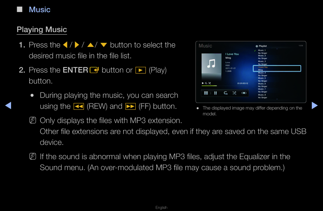 Samsung UA46D6000SMSHD manual Playing Music Press the l / r / u/ d button to select, Desired music file in the file list 