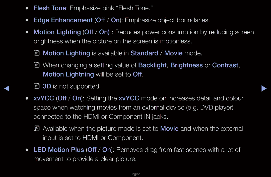 Samsung UA46D6000SMXHC, UA40D6600WMSHD, UA40D6600WNXHC manual NN Motion Lighting is available in Standard / Movie mode 