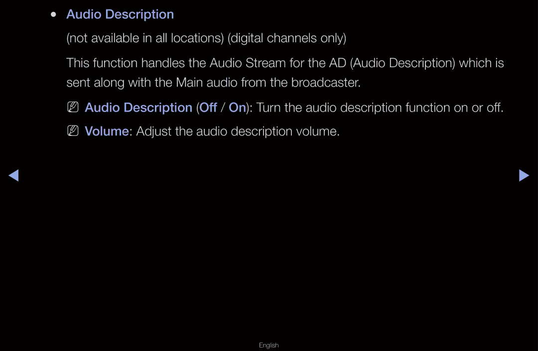 Samsung UA40D6600WMXHC, UA40D6600WMSHD, UA40D6600WNXHC, UA40D6600WNXUM, UA55D6600WMXHC, UA40D6400UMXHC manual Audio Description 