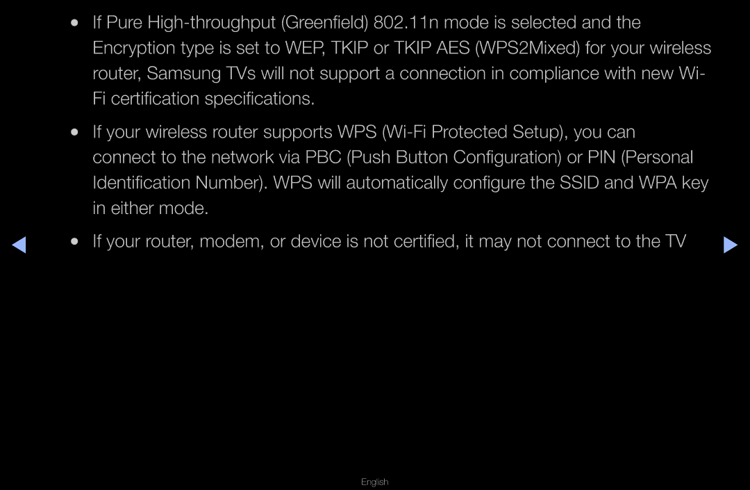 Samsung UA40D6000SMSHD, UA40D6600WMSHD, UA40D6600WNXHC manual If Pure High-throughput Greenfield 802.11n mode is selected 