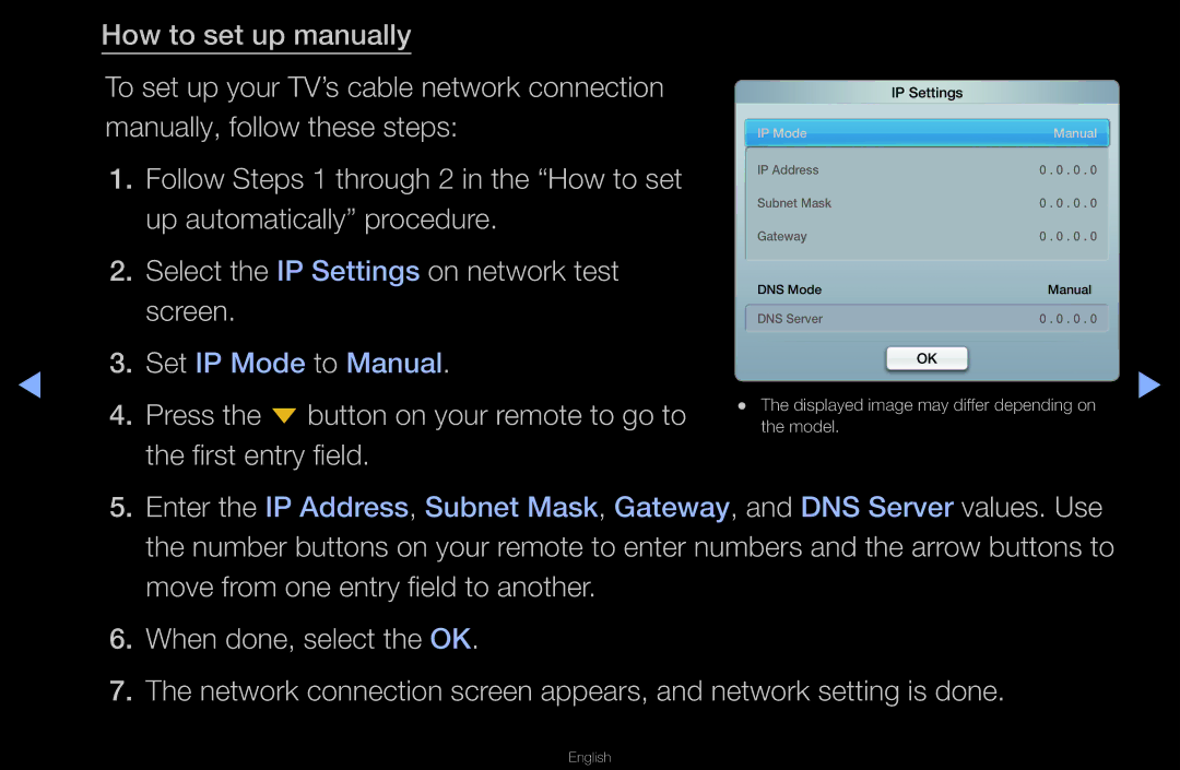 Samsung UA40D6600WNXUM manual Up automatically procedure, Select the IP Settings on network test, Screen, First entry field 