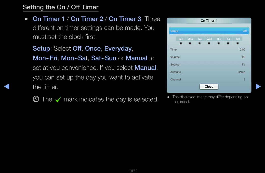 Samsung UA46D6600WMXHC, UA40D6600WMSHD manual Setting the On / Off Timer, Timer C mark indicates the day is selected 