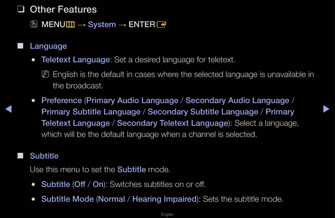 Samsung UA55D6600WMXHC manual OO MENUm → System → Entere, Teletext Language Set a desired language for teletext, Broadcast 