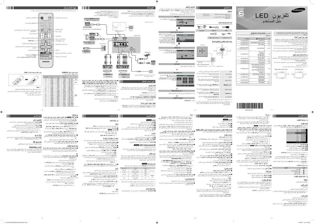 Samsung UA46EH6000RXZN manual ليغشتلاو ليصوتلا, تاقحلملا, ةتباثلا ةروصلا لوح ريذحت, رداصملا ةمئاق, يتاذلا صيخشتلا, ةغللا 