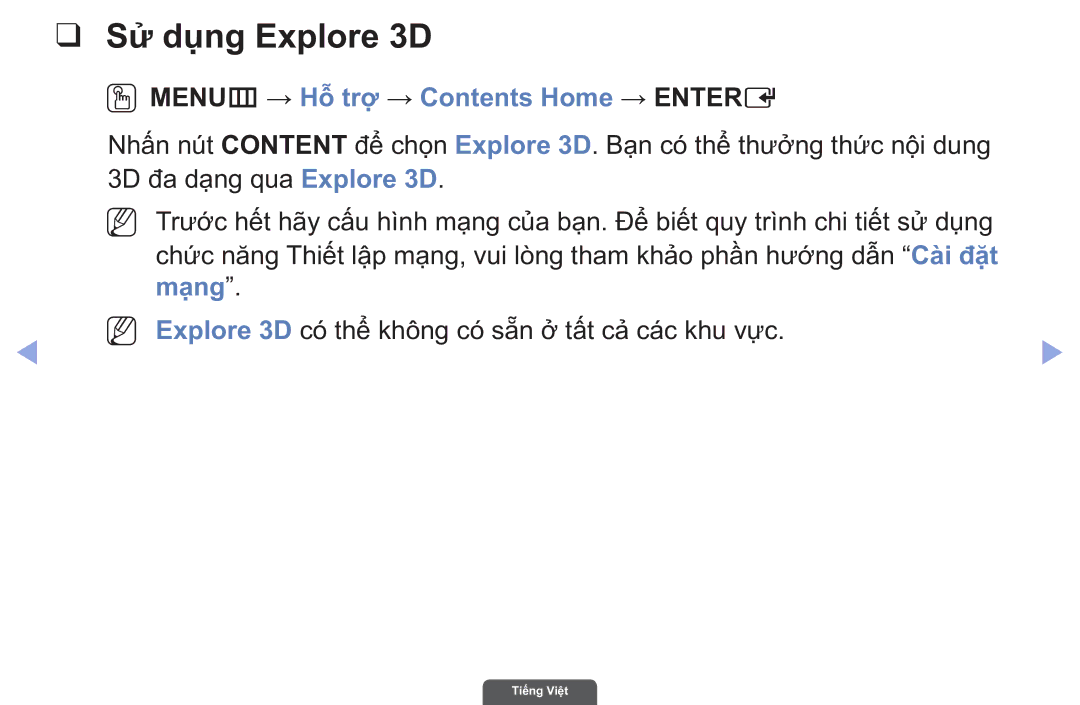 Samsung UA46EH6030RXXV, UA40EH6030RXXV manual Sử̉ dụ̣ng Explore 3D, OOMENUm → Hỗ̃ trợ̣ → Contents Home → Entere, Mạ̣ng 