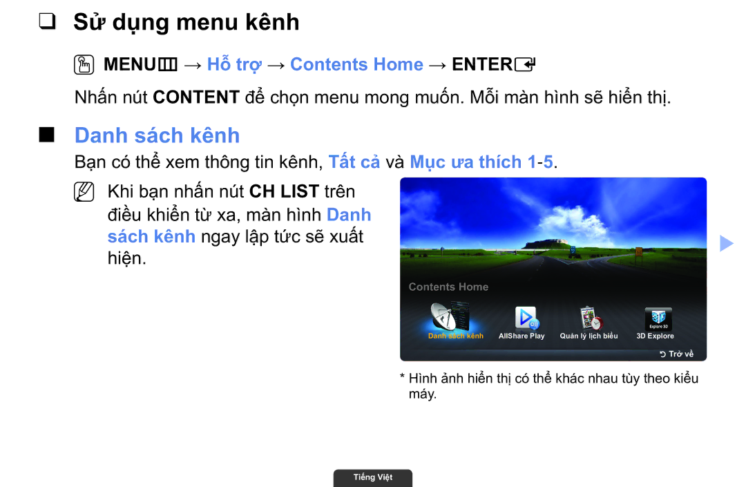 Samsung UA40EH6030RXXV, UA46EH6030RXXV Sử dụng menu kênh, Danh sách kênh, OOMENUm → Hỗ trợ → Contents Home → Entere 
