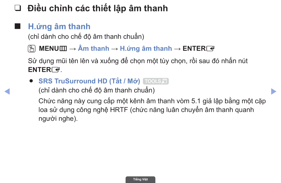 Samsung UA40EH6030RXXV Điề̀u chỉ̉nh cá́c thiế́t lập âm thanh, Ứng âm thanh, OOMENUm → Âm thanh → H.ứng âm thanh → Entere 