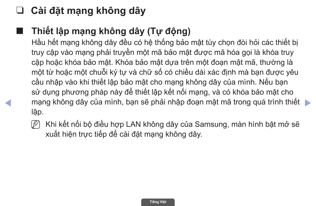 Samsung UA55EH6030RXXV, UA40EH6030RXXV, UA46EH6030RXXV manual Cài đặt mạng không dây, Thiết lâp mạng không dây Tư động 