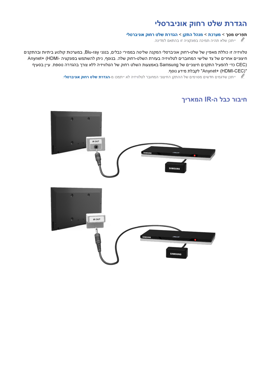 Samsung UA40F5500AMXSQ, UA40F5300AMXSQ manual ךיראמה Ir-ה לבכ רוביח, ילסרבינוא קוחר טלש תרדגה ןקתה להנמ תכרעמ ךסמ טירפת 