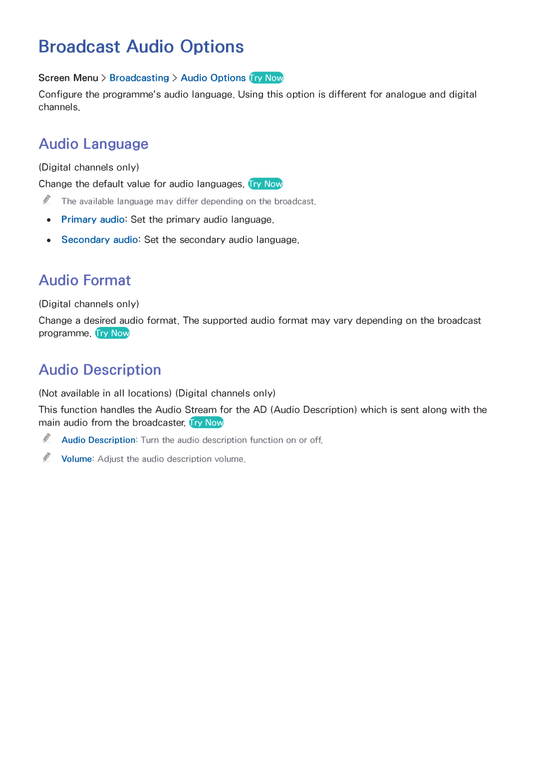 Samsung UA50F5500AMXSQ, UA40F5500AMXXS manual Broadcast Audio Options, Audio Language, Audio Format, Audio Description 