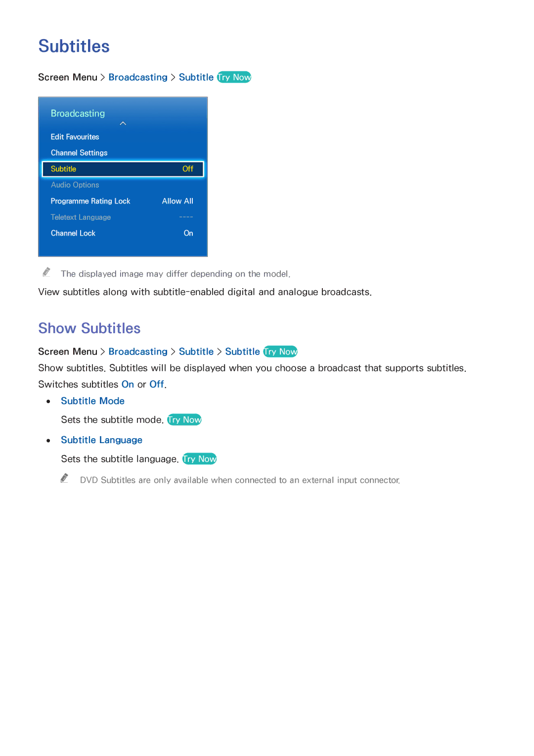 Samsung UA40F5500AMXXS, UA40F5300AMXSQ manual Show Subtitles, Screen Menu Broadcasting Subtitle Try Now, Subtitle Mode 