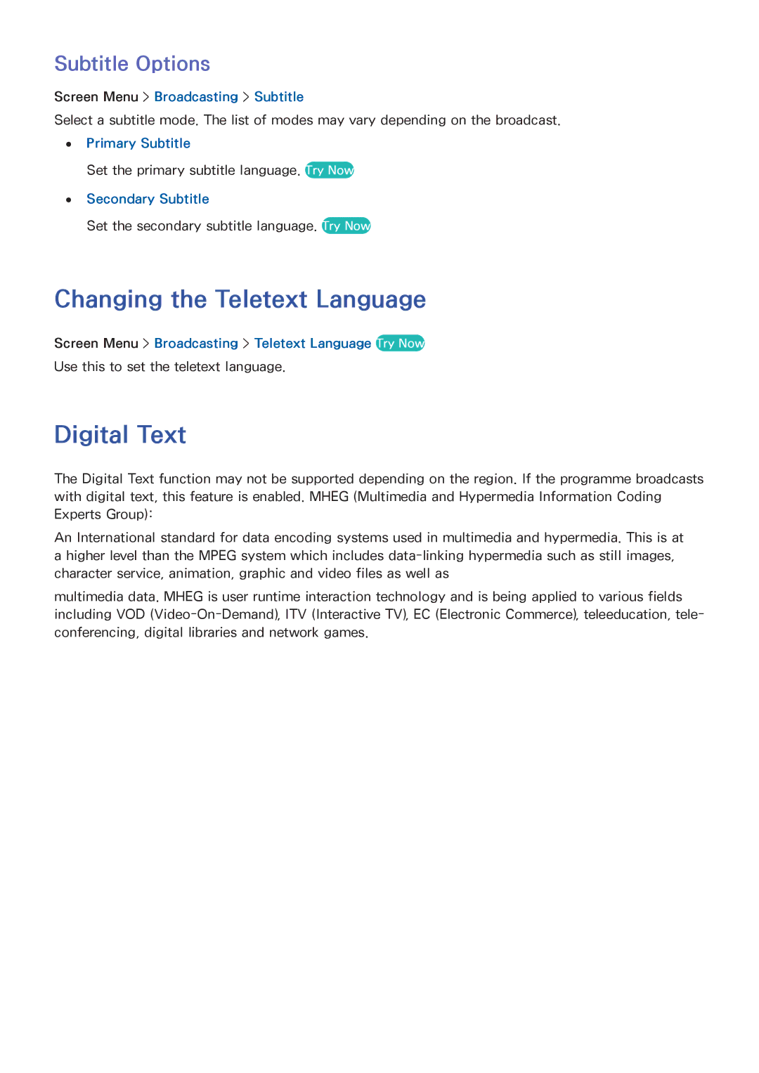 Samsung UA40F5300AMXSQ, UA40F5500AMXXS, UA65F6400AMXSQ manual Changing the Teletext Language, Digital Text, Subtitle Options 