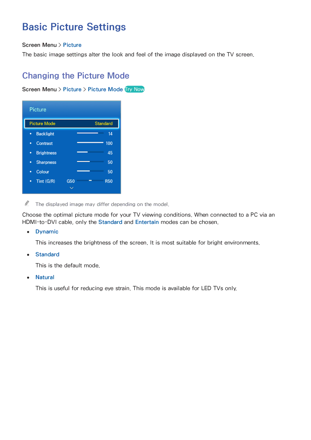 Samsung UA65F6400AMXSQ, UA40F5500AMXXS, UA40F5300AMXSQ, UA50F6800AMXSQ Basic Picture Settings, Changing the Picture Mode 