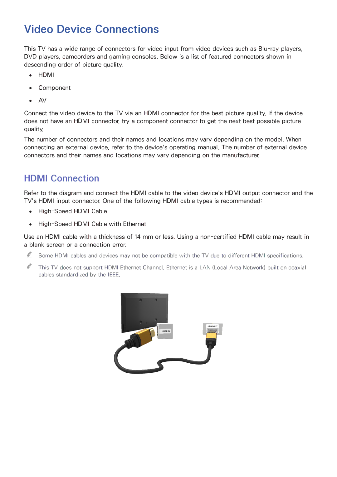 Samsung UA40F6400AMXSQ, UA40F5500AMXXS, UA40F5300AMXSQ, UA65F6400AMXSQ manual Video Device Connections, Hdmi Connection 