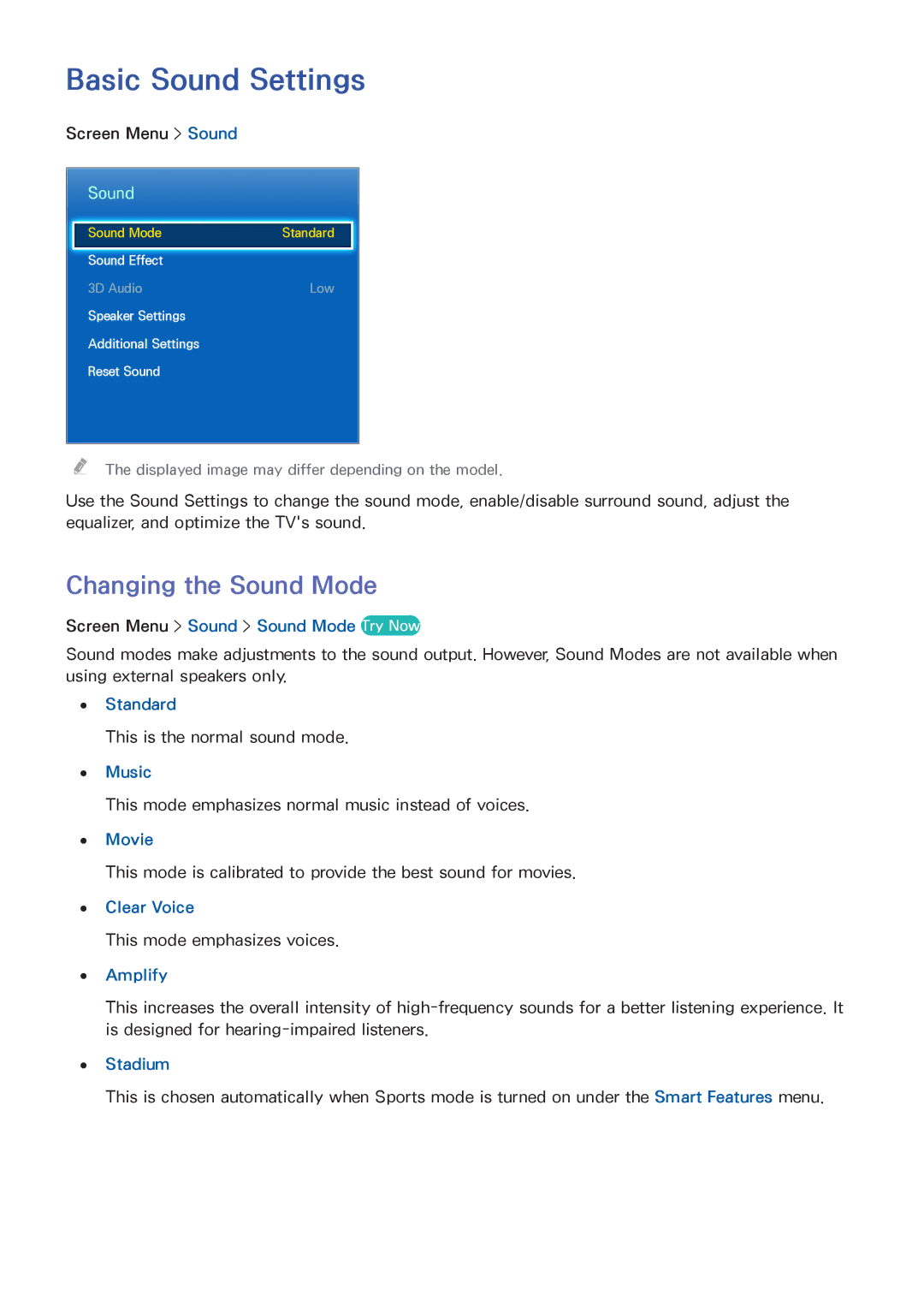 Samsung UA55ES7100MXSQ, UA40F5500AMXXS, UA40F5300AMXSQ, UA65F6400AMXSQ manual Basic Sound Settings, Changing the Sound Mode 