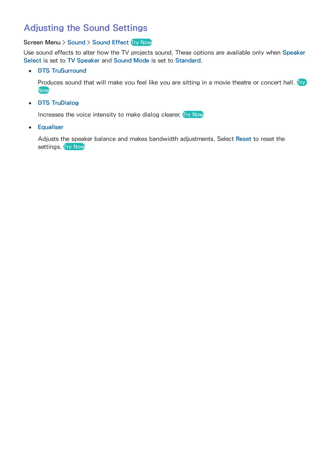 Samsung UA60F6400AMXSQ Adjusting the Sound Settings, Screen Menu Sound Sound Effect Try Now, DTS TruSurround, Equaliser 