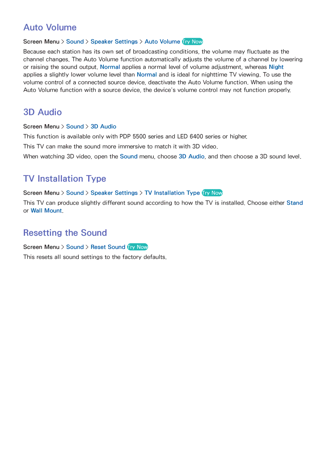 Samsung UA46ES7100MXSQ, UA40F5500AMXXS, UA40F5300AMXSQ Auto Volume, 3D Audio, TV Installation Type, Resetting the Sound 