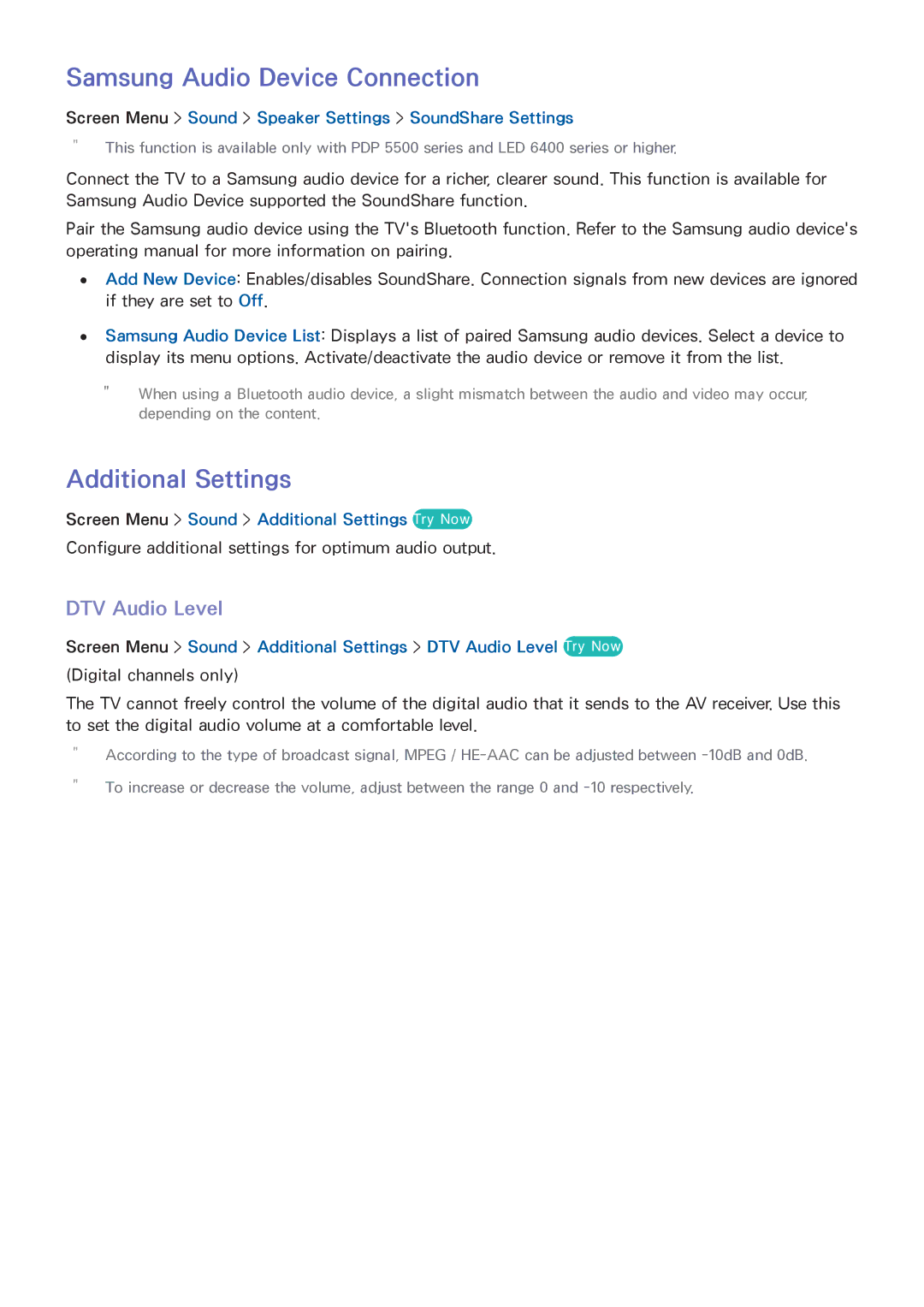 Samsung UA40F5500AMXSQ, UA40F5500AMXXS manual Samsung Audio Device Connection, Additional Settings, DTV Audio Level 