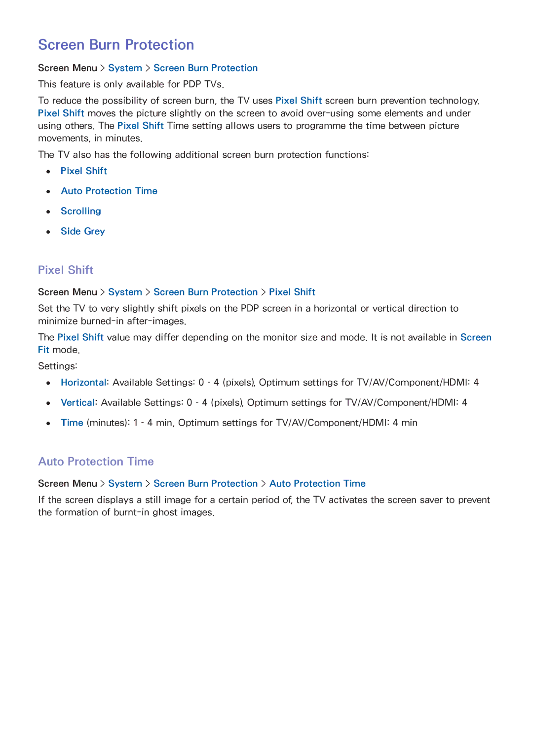 Samsung UA46F5300AMXSQ, UA40F5500AMXXS, UA40F5300AMXSQ manual Screen Burn Protection, Pixel Shift, Auto Protection Time 