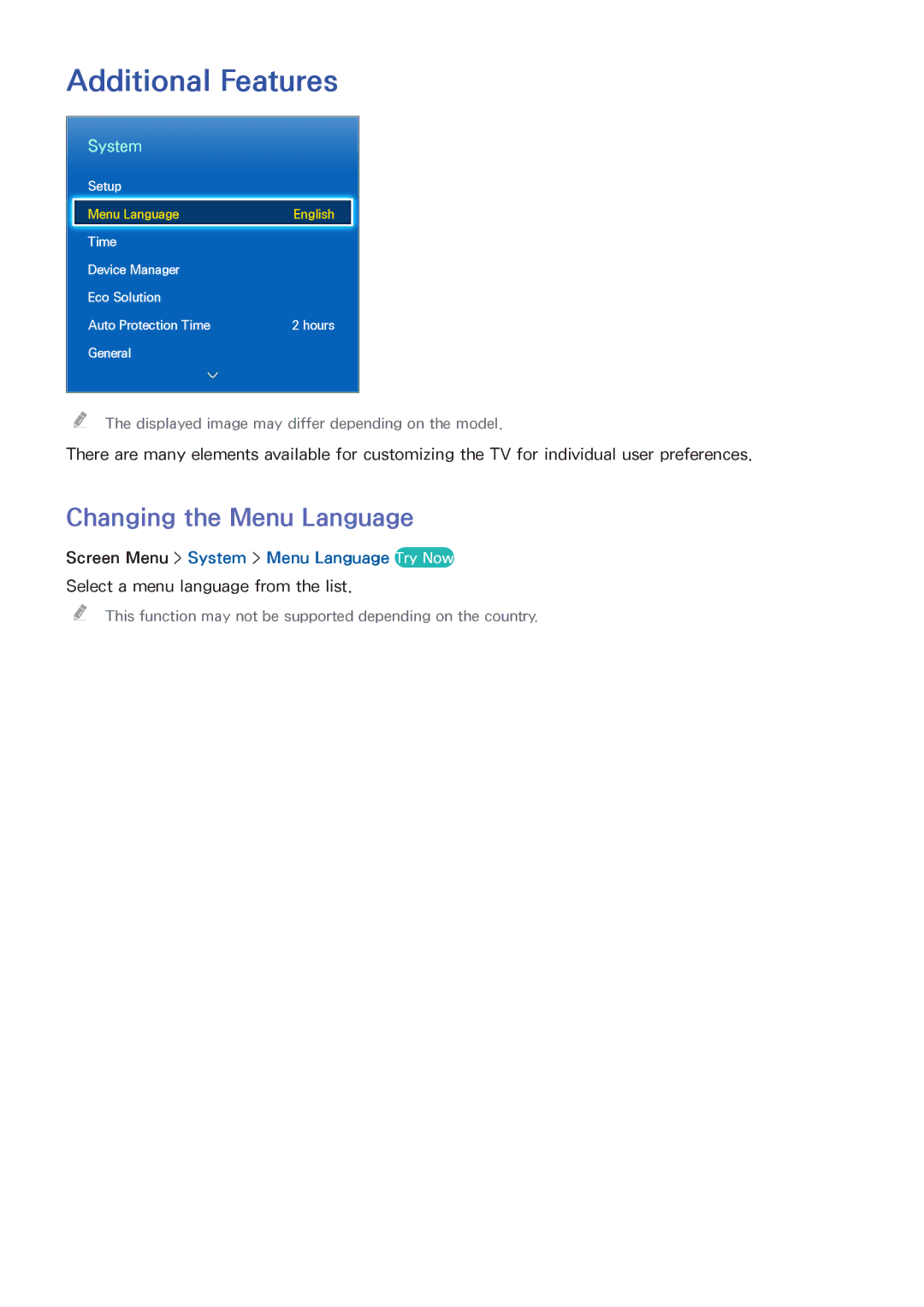 Samsung UA32F5500AMXSQ manual Additional Features, Changing the Menu Language, Screen Menu System Menu Language Try Now 