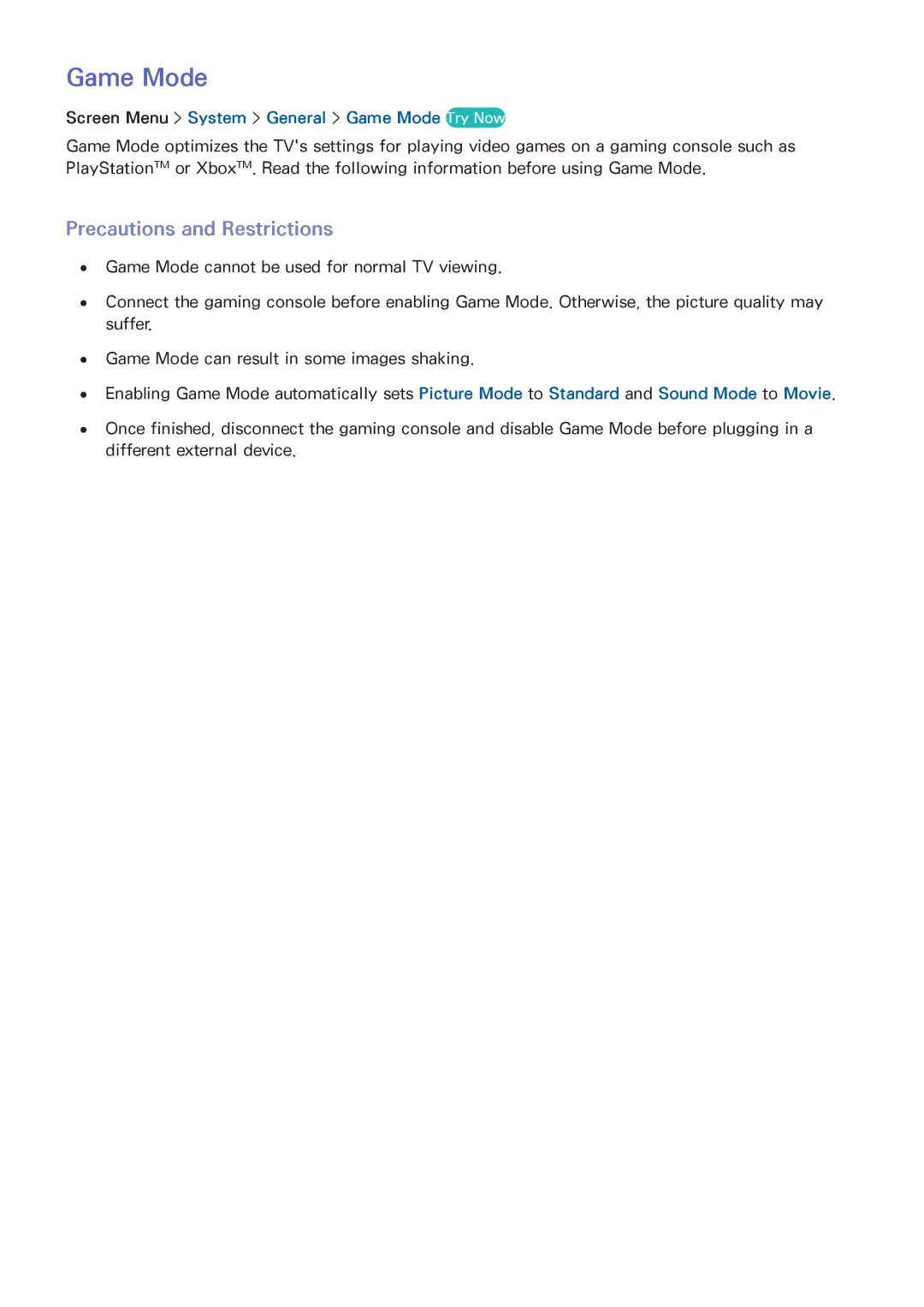 Samsung UA55F6400AMXSQ, UA40F5500AMXXS manual Precautions and Restrictions, Screen Menu System General Game Mode Try Now 
