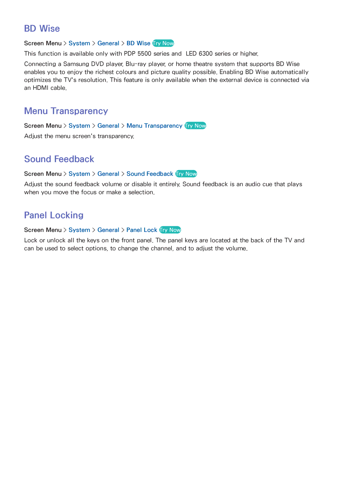 Samsung UA32F4500AMXSQ, UA40F5500AMXXS, UA40F5300AMXSQ manual BD Wise, Menu Transparency, Sound Feedback, Panel Locking 