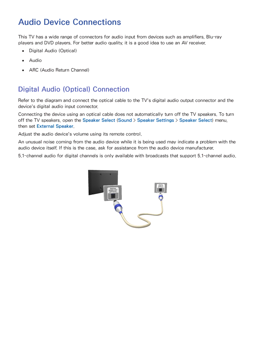 Samsung UA55ES7100MXSQ, UA40F5500AMXXS, UA40F5300AMXSQ manual Audio Device Connections, Digital Audio Optical Connection 