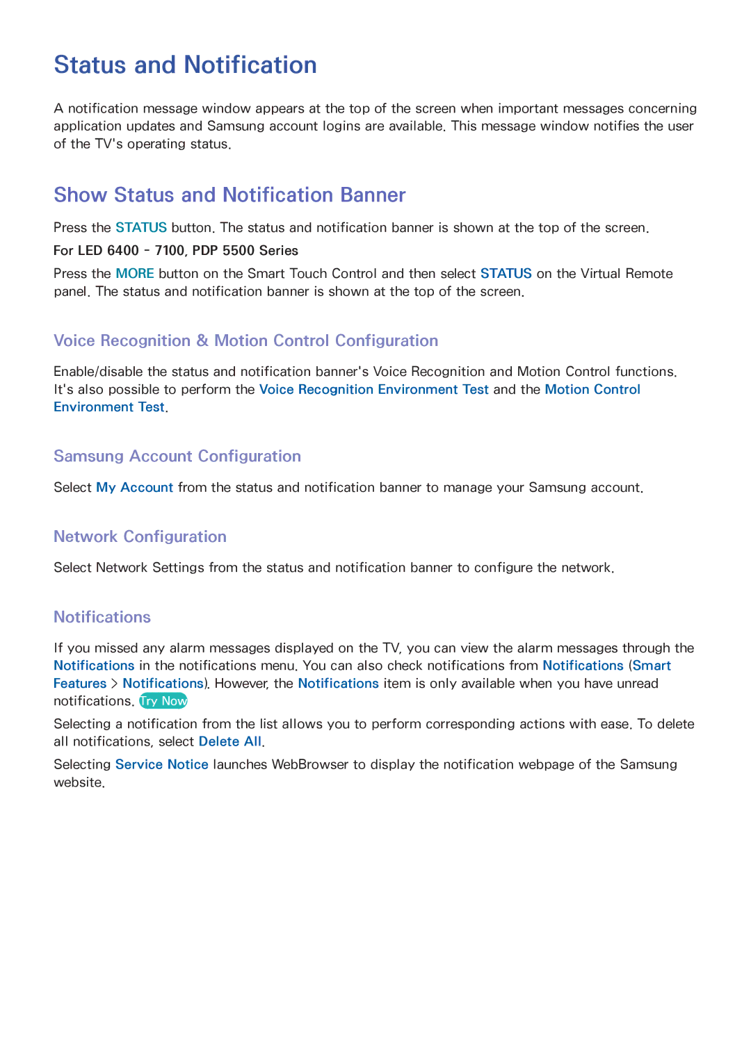 Samsung UA60F6400AMXSQ Status and Notification, Voice Recognition & Motion Control Configuration, Network Configuration 