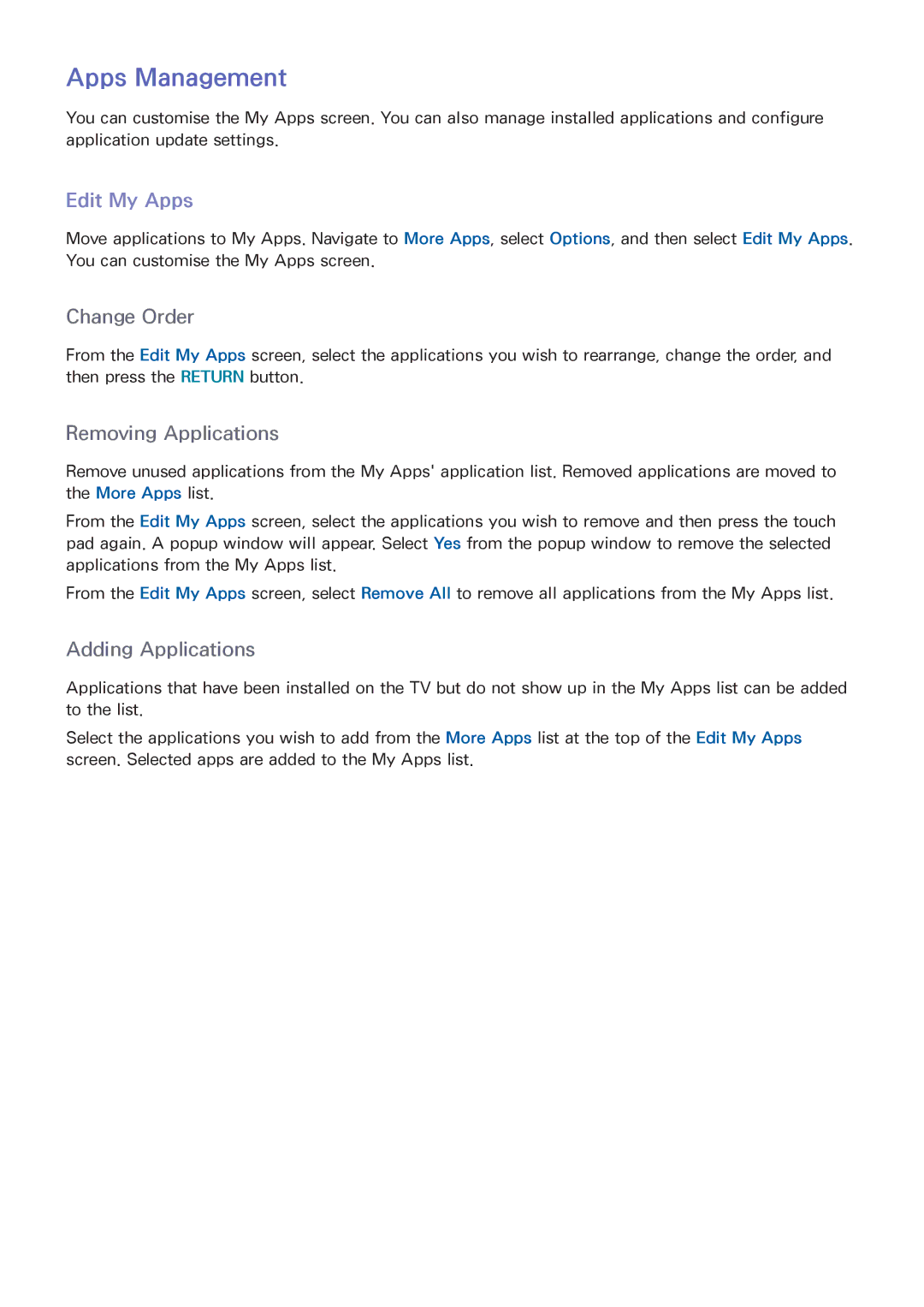Samsung UA40F5300AMXSQ, UA40F5500AMXXS, UA65F6400AMXSQ, UA50F6800AMXSQ, UA46F5300AMXSQ manual Apps Management, Edit My Apps 